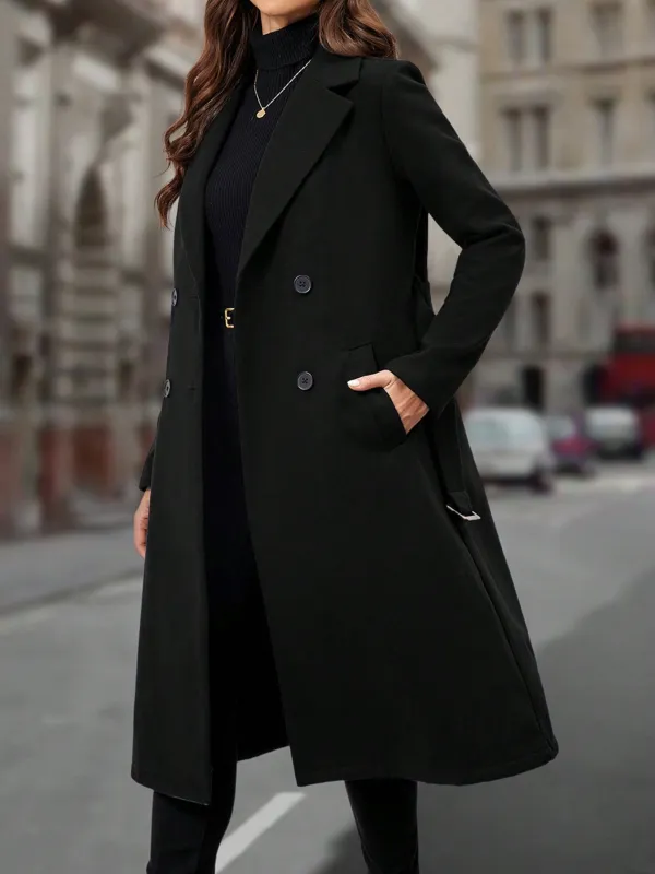 Women's Lapel Collar Double-breasted Woolen Coat sold by Negative