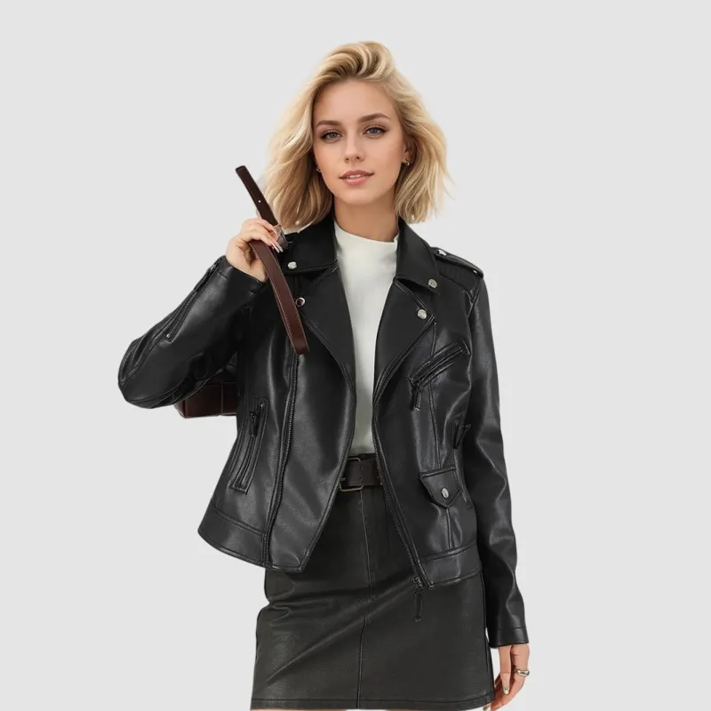 The Urban Elegance | Women's Slim Fit Black PU Leather Jacket made by Negative