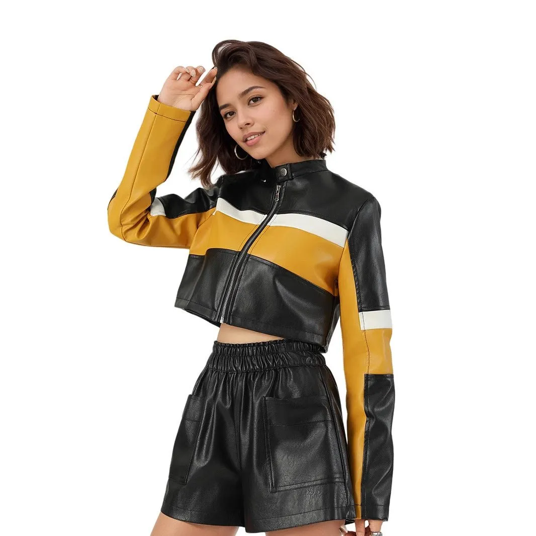 Yellow Edge | Women's Contrasting Splicing Faux Leather Jacket sold by Negative product image thumbnail 5
