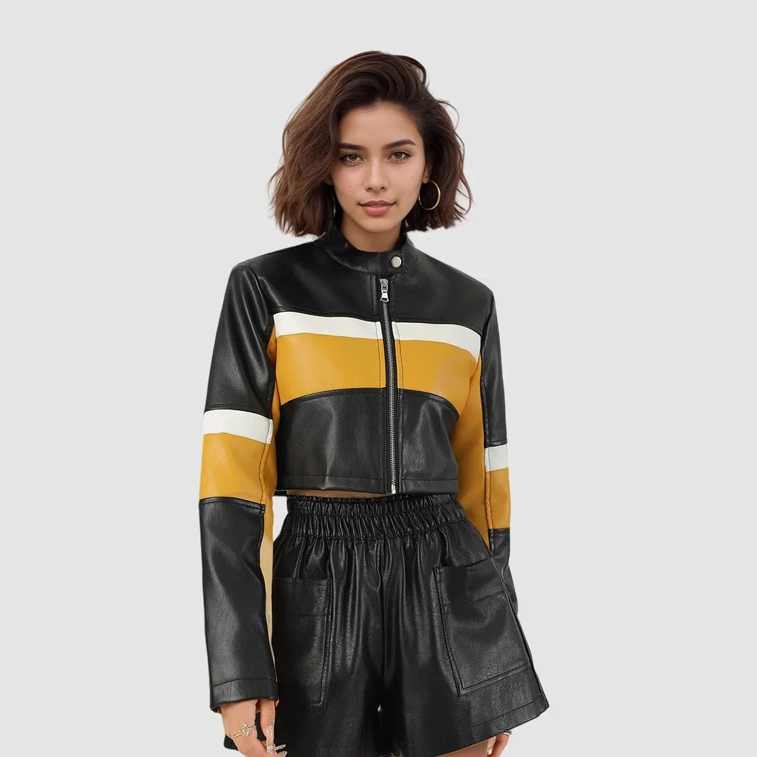Yellow Edge | Women's Contrasting Splicing Faux Leather Jacket sold by Negative product image thumbnail 2
