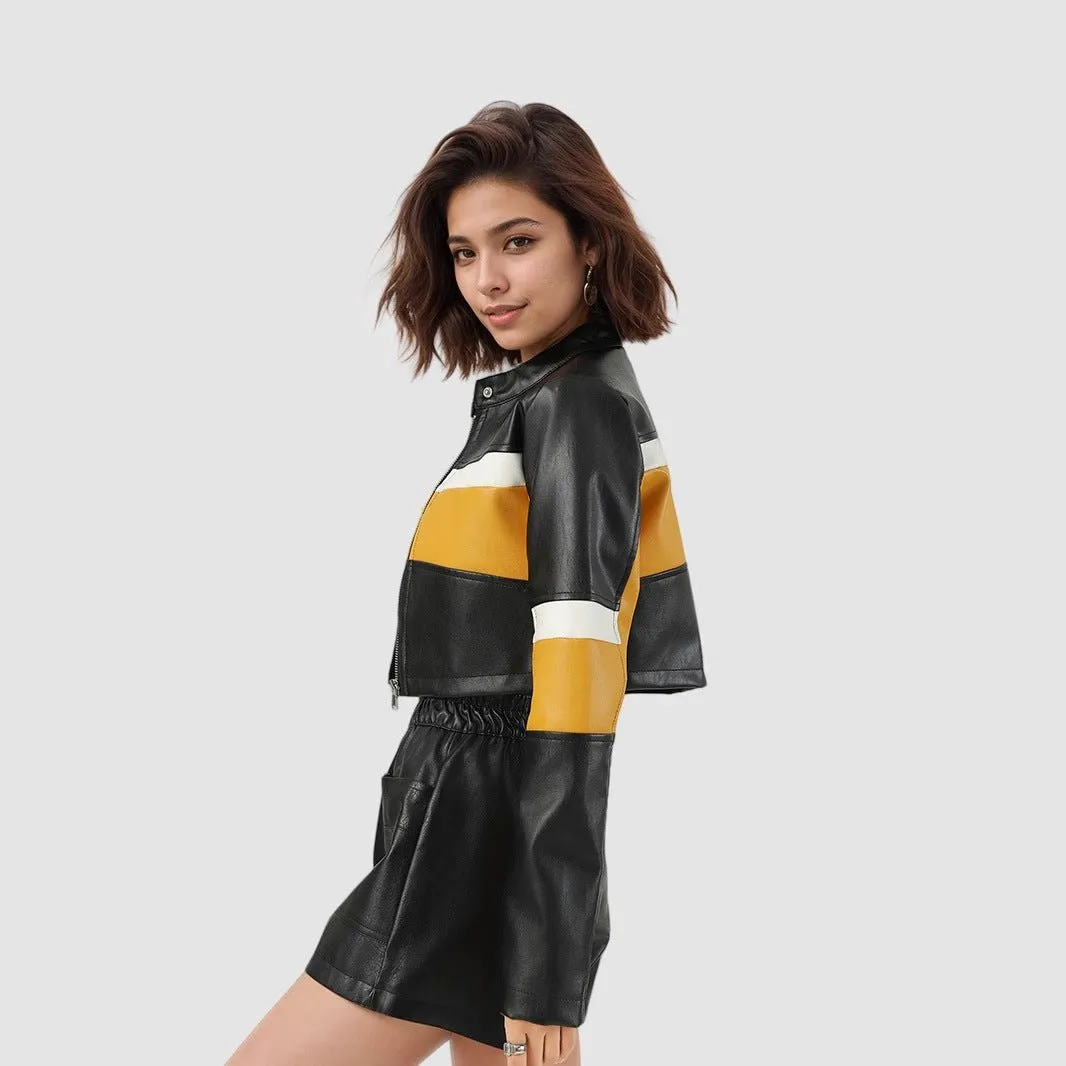 Yellow Edge | Women's Contrasting Splicing Faux Leather Jacket sold by Negative product image thumbnail 3