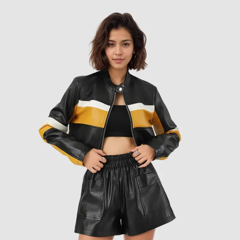 Yellow Edge | Women's Contrasting Splicing Faux Leather Jacket made by Negative