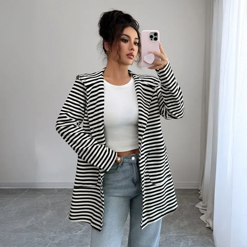 The Striped Grace | Solid Color Long Knitted Striped Cardigan made by Negative