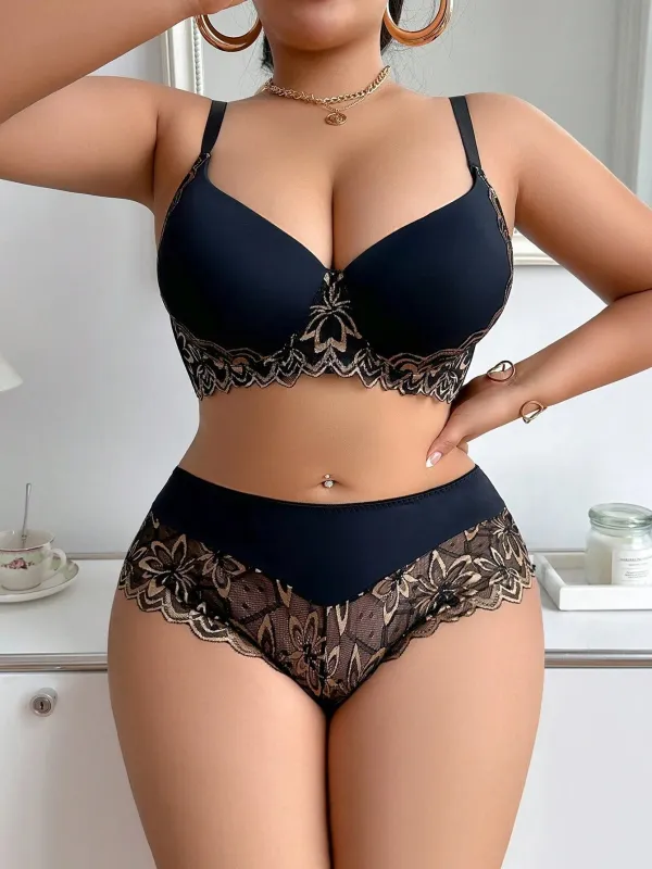 SHEIN 2pcs/Set Plus Size Lingerie Set, Lift & Support Bra With Sexy Lace Patchwork Design And Matching Panty made by Negative
