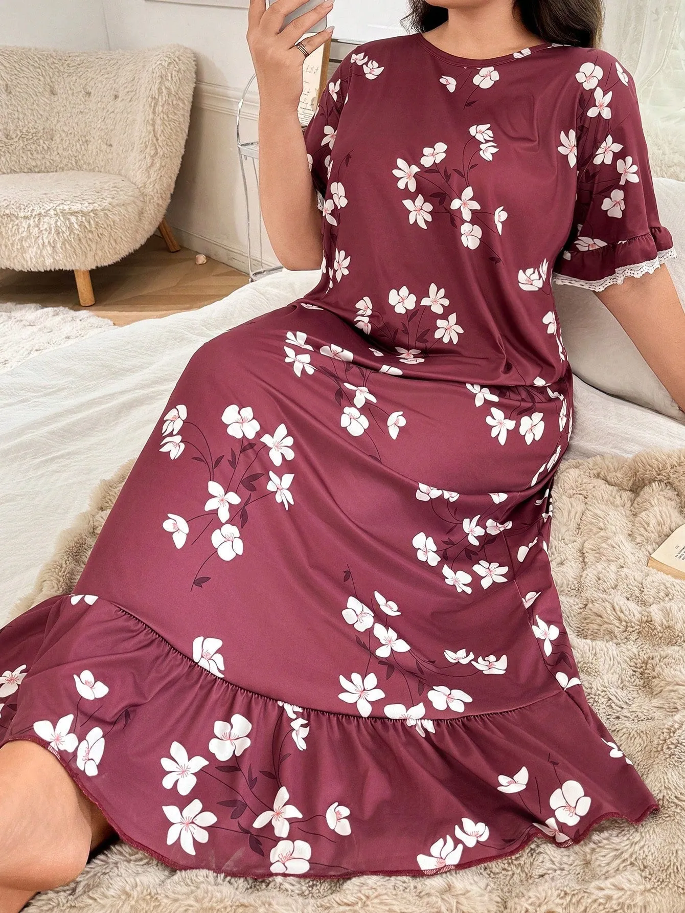 SHEIN Plus Size Floral Print Contrast Lace Hem Nightgown, sold by Negative product image thumbnail 4