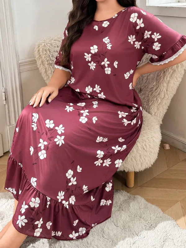 SHEIN Plus Size Floral Print Contrast Lace Hem Nightgown, made by Negative