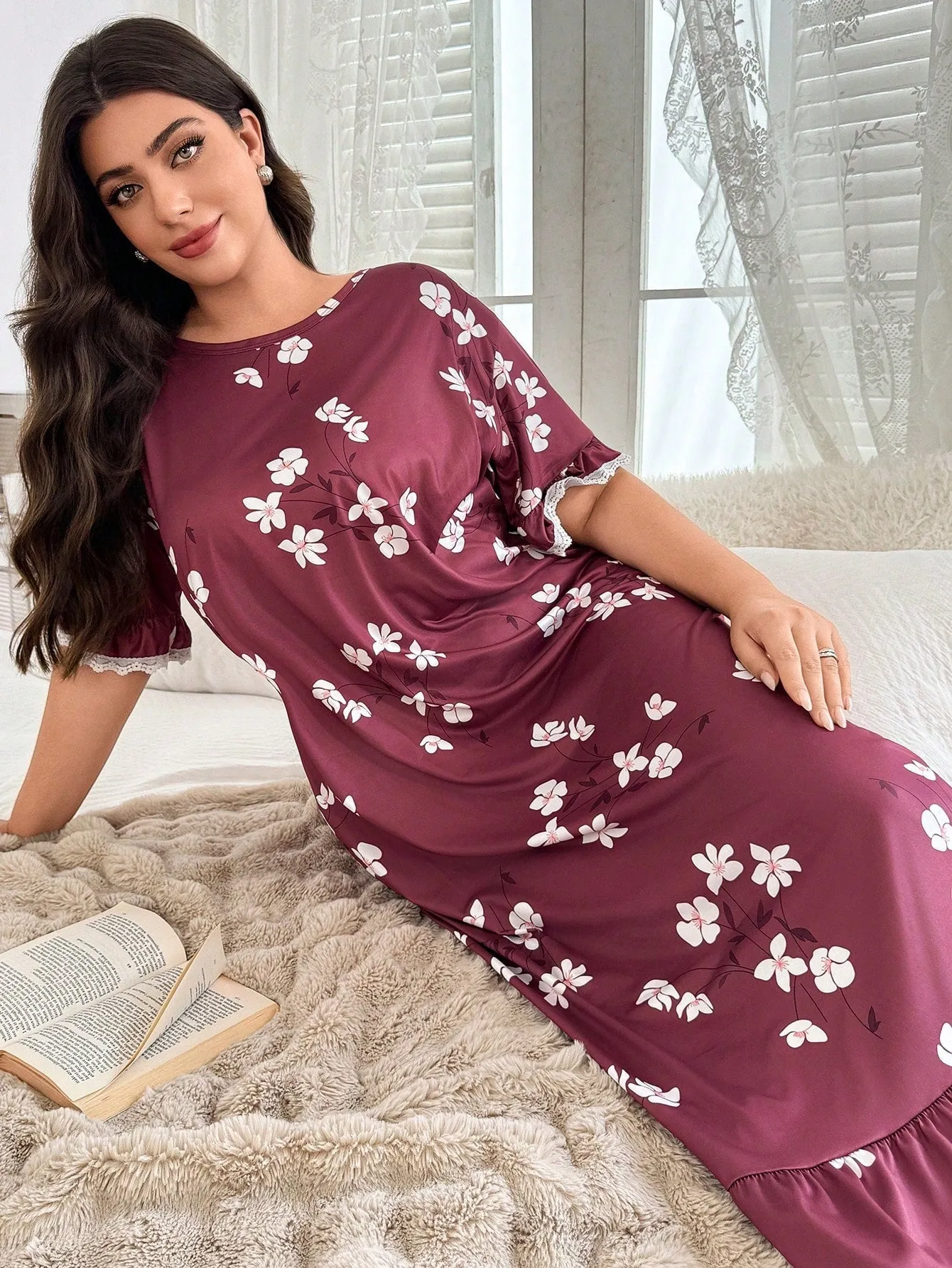SHEIN Plus Size Floral Print Contrast Lace Hem Nightgown, sold by Negative product image thumbnail 5