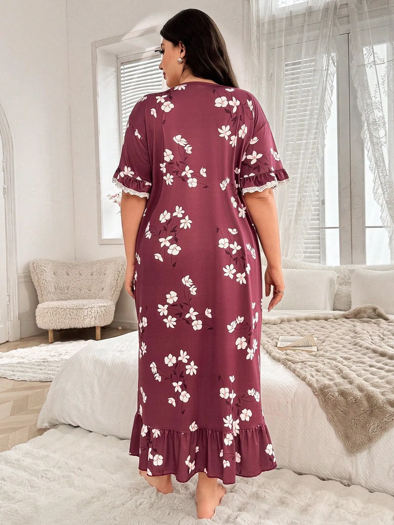 SHEIN Plus Size Floral Print Contrast Lace Hem Nightgown, sold by Negative product image thumbnail 2
