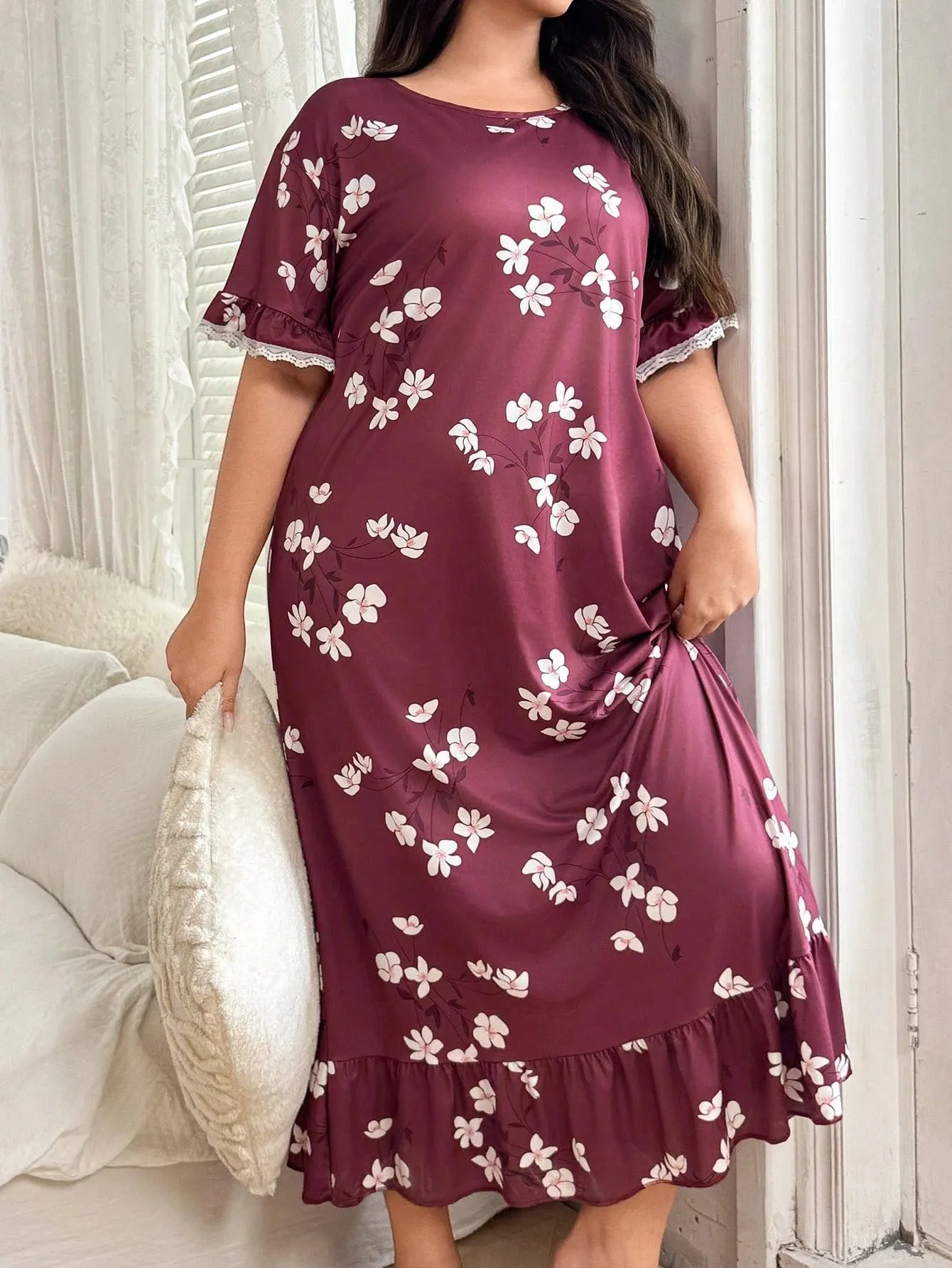 SHEIN Plus Size Floral Print Contrast Lace Hem Nightgown, sold by Negative product image thumbnail 3