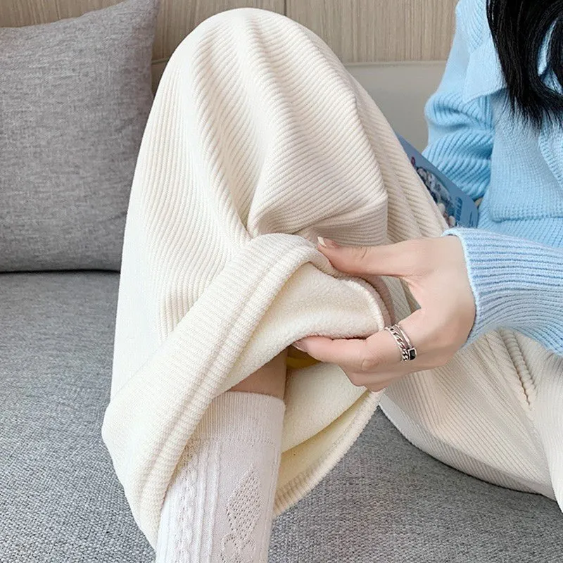 Women’s Fleece Corduroy Wide-Leg Pants – High-Waist Loose Straight Drape Trousers, Warm Winter Casual Floor-Mopping Pants made by Negative