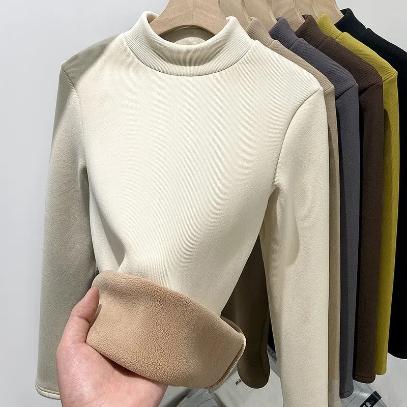 The Thermal Elegance | Solid Color Semi-Turtleneck Fleece-Lined Knit Top made by Negative