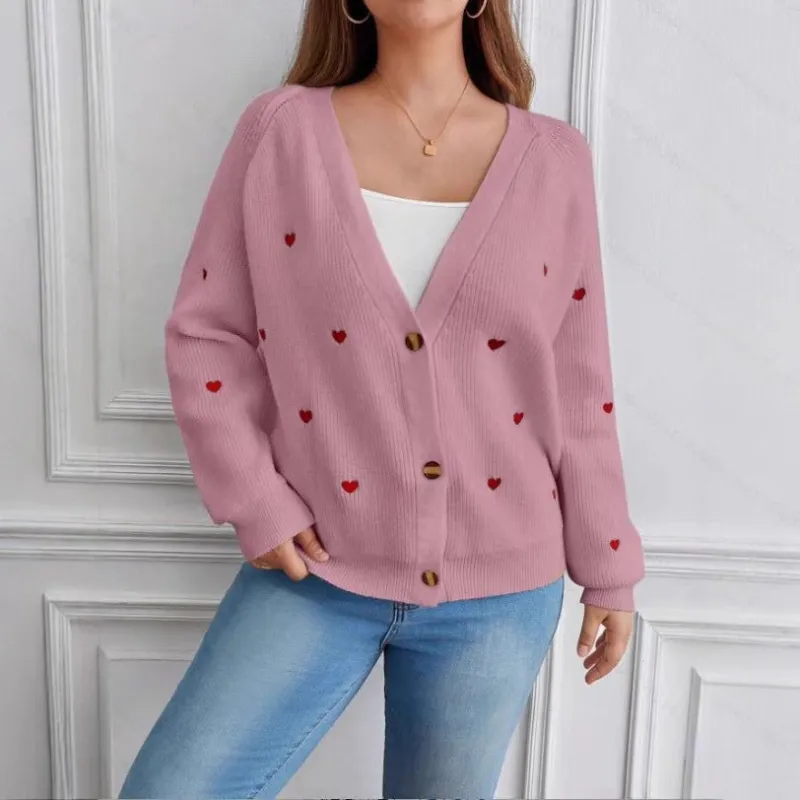 The Romantic Thread | Women's Love Pattern V-Neck Cardigan Sweater made by Negative