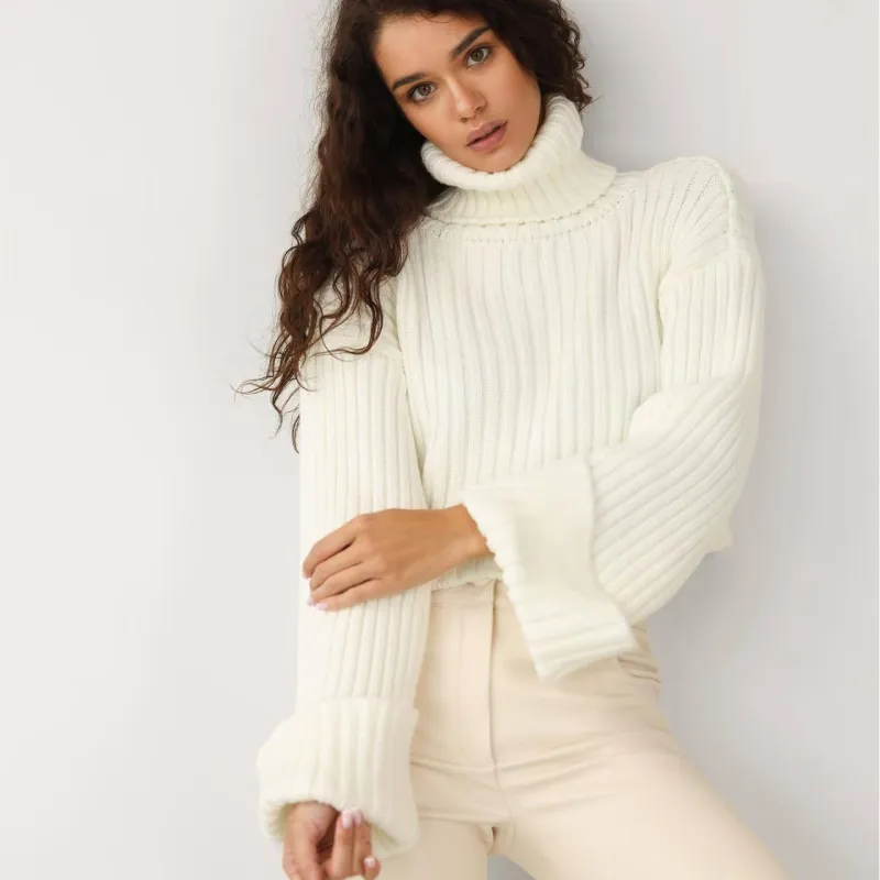 The Edgy Crop | Women's High Neck Horn Sleeve Knit Sweater made by Negative