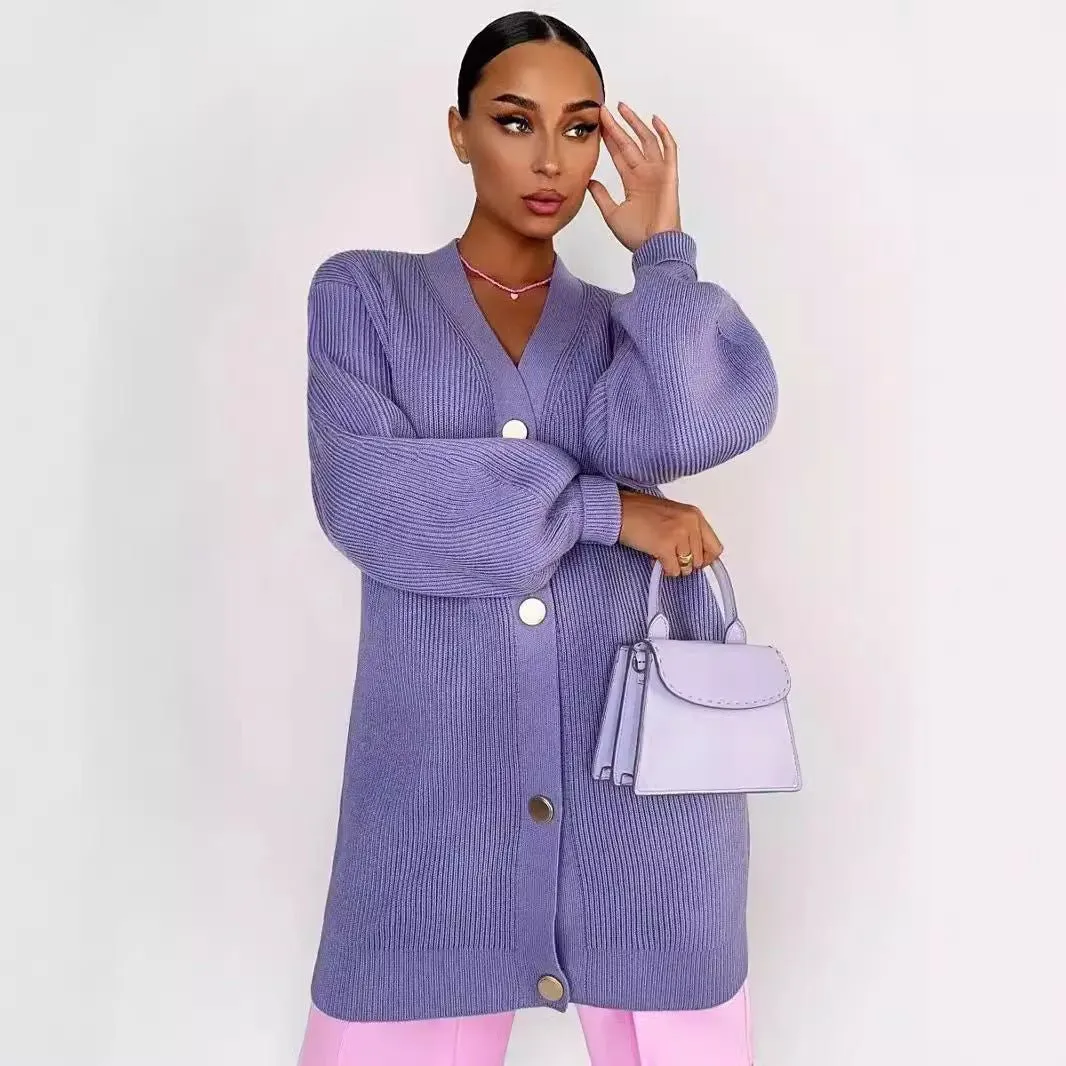 The Graceful Bloom | Women's V-Neck Bubble Sleeve Cardigan Sweater sold by Negative product image thumbnail 5