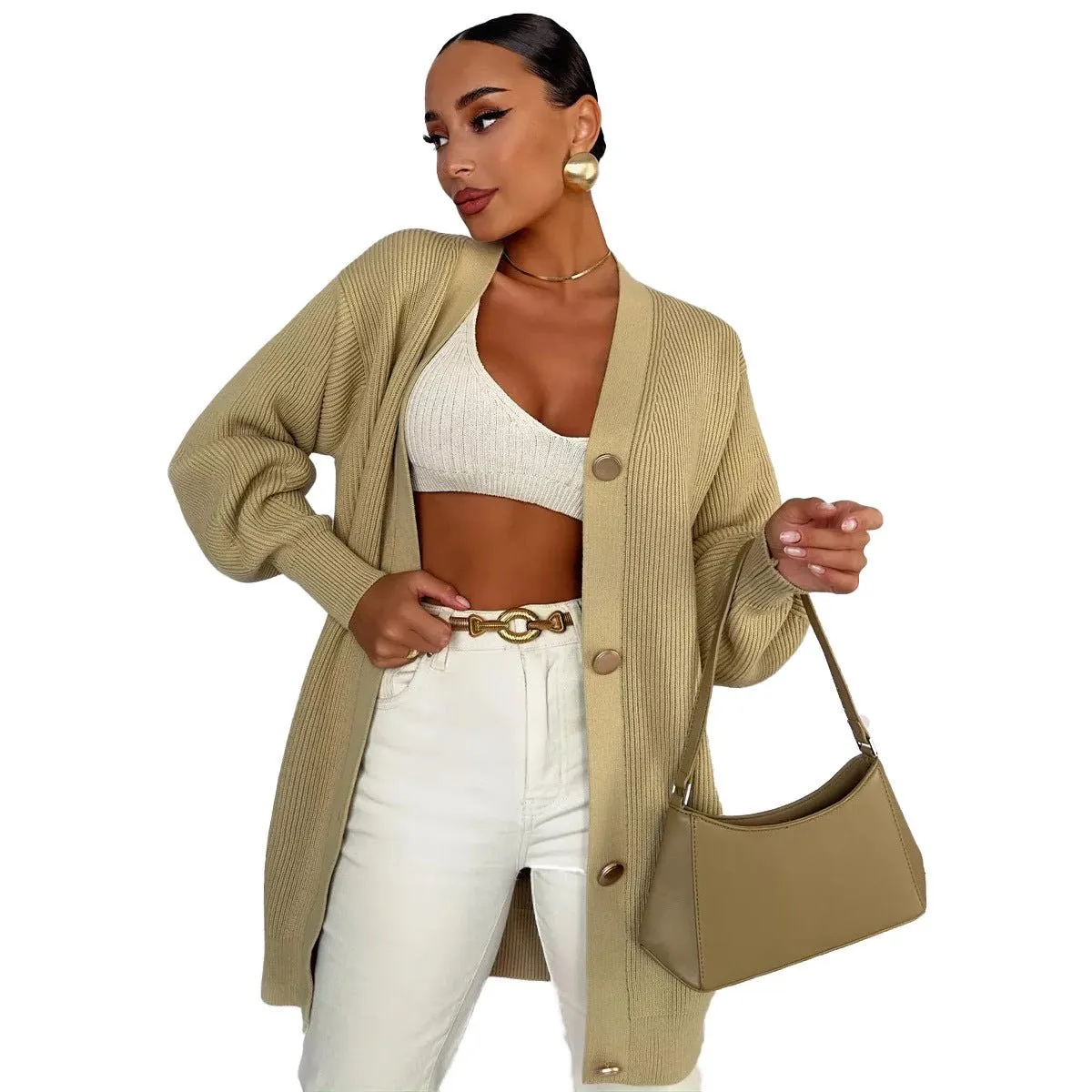 The Graceful Bloom | Women's V-Neck Bubble Sleeve Cardigan Sweater sold by Negative product image thumbnail 3