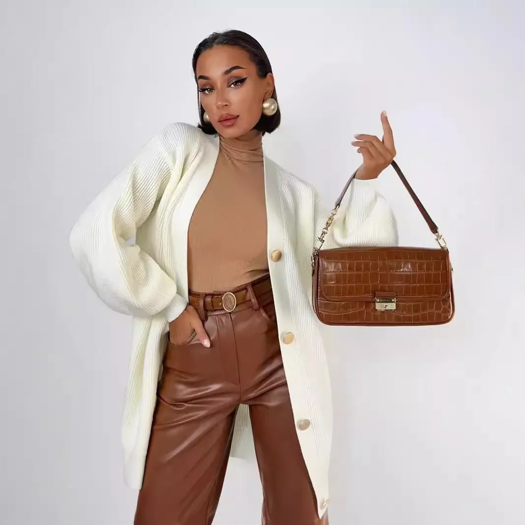 The Graceful Bloom | Women's V-Neck Bubble Sleeve Cardigan Sweater sold by Negative product image thumbnail 2