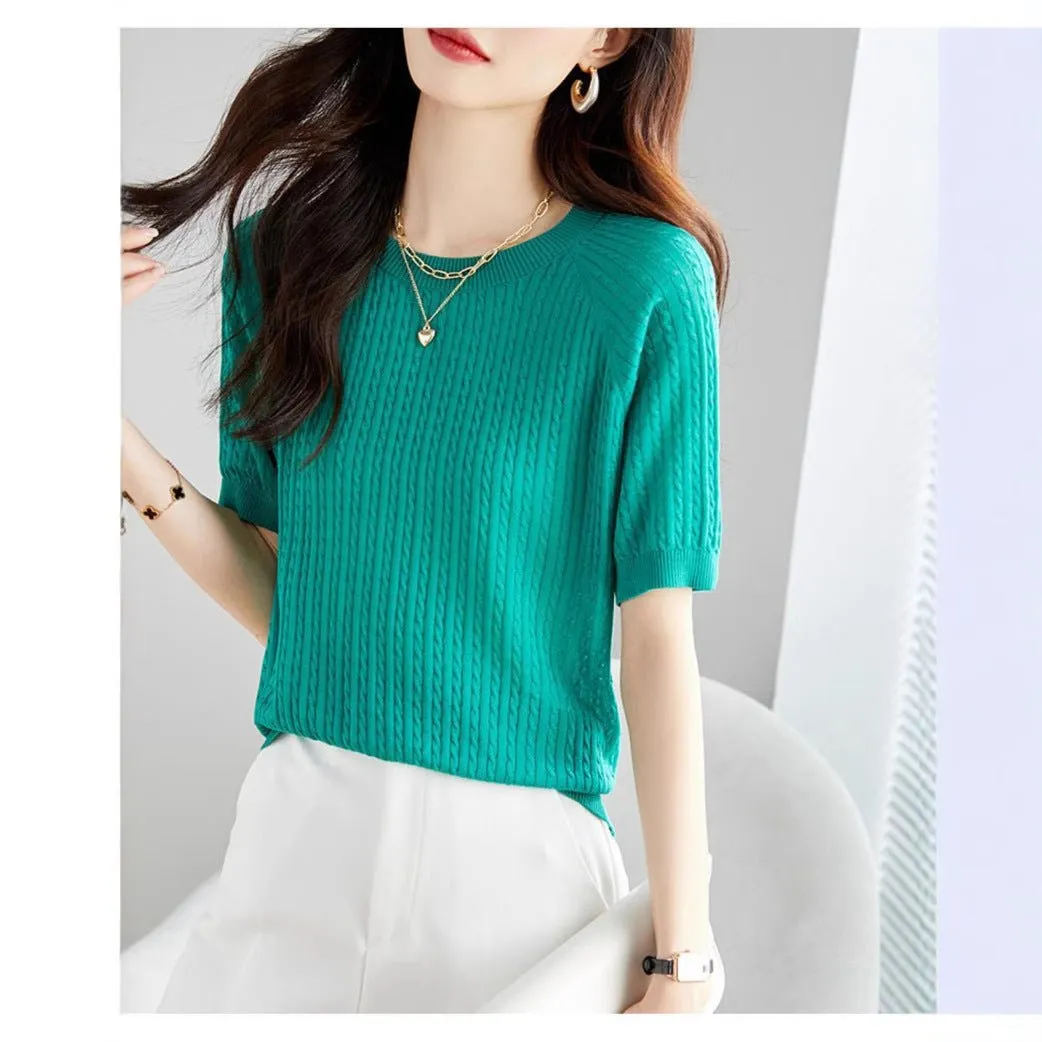 Curved bead ice silk knitted sweater slim top summer thin French crew neck high-end twisted texture t-shirt women's clothing sold by Negative product image thumbnail 3