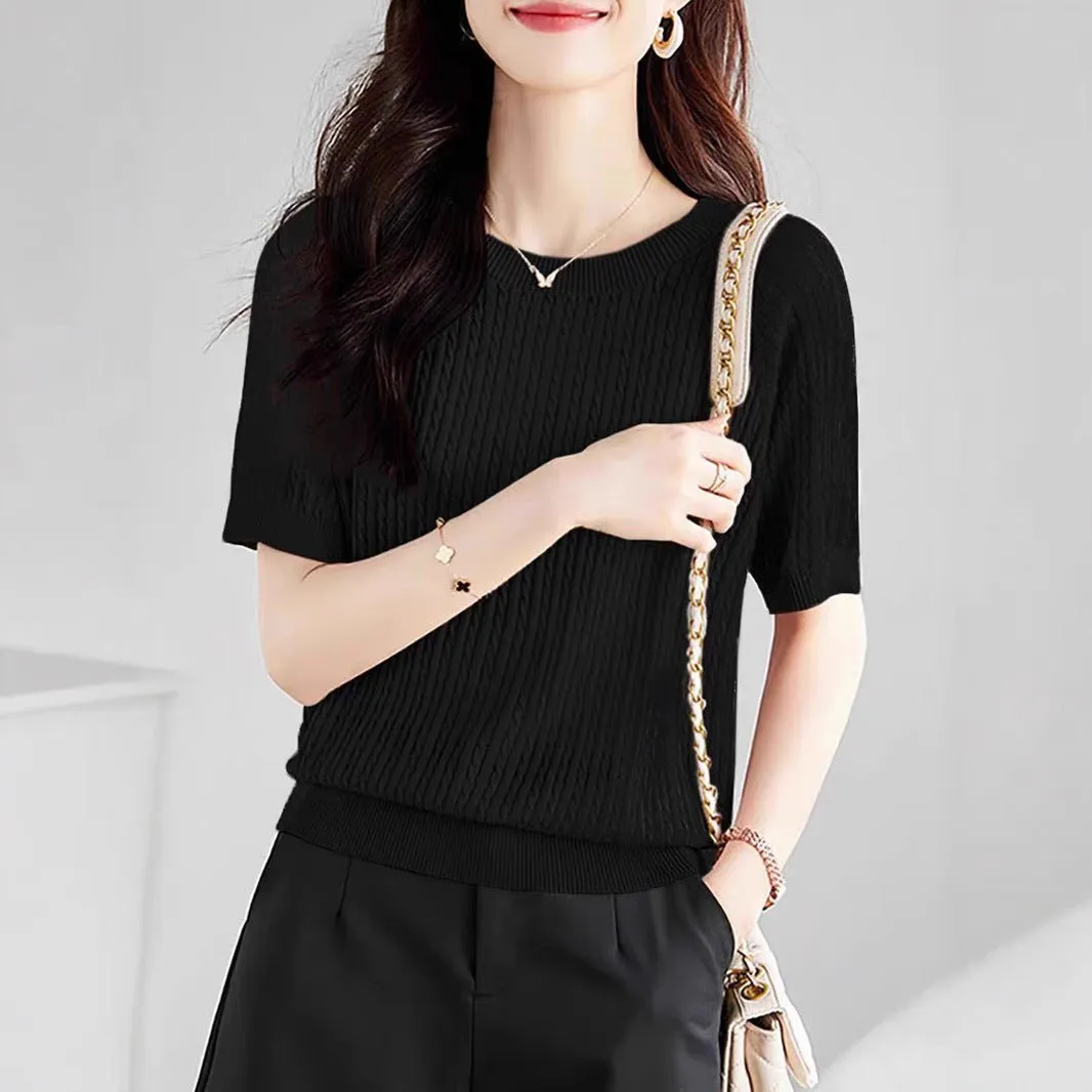 Curved bead ice silk knitted sweater slim top summer thin French crew neck high-end twisted texture t-shirt women's clothing sold by Negative product image thumbnail 4