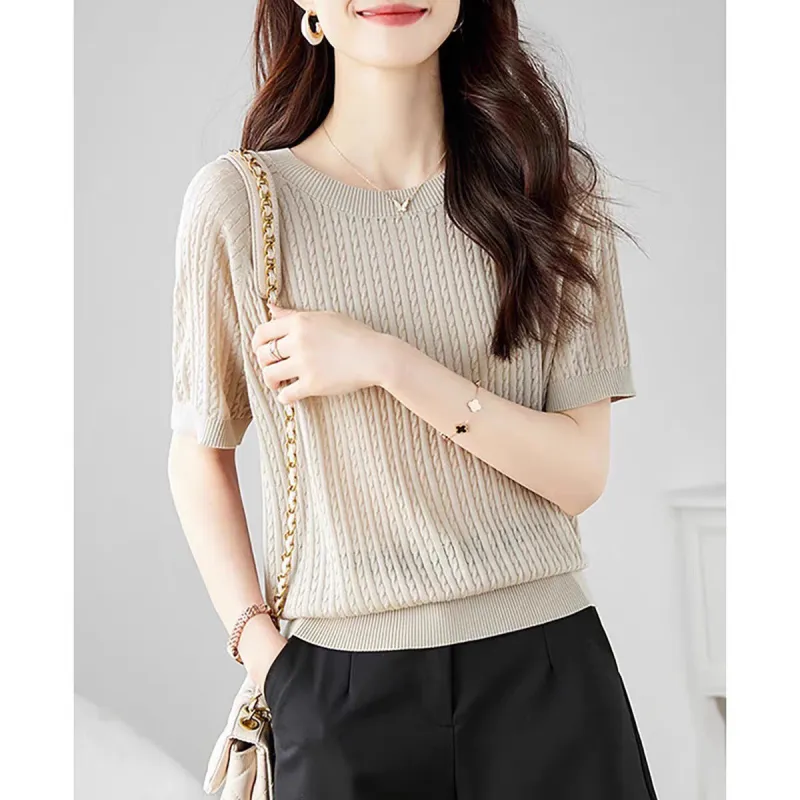 Curved bead ice silk knitted sweater slim top summer thin French crew neck high-end twisted texture t-shirt women's clothing made by Negative