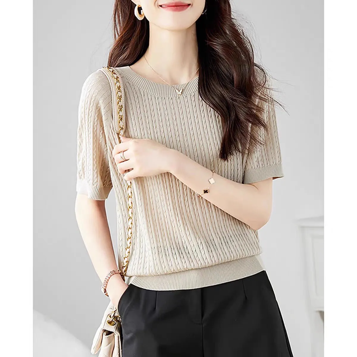Curved bead ice silk knitted sweater slim top summer thin French crew neck high-end twisted texture t-shirt women's clothing sold by Negative