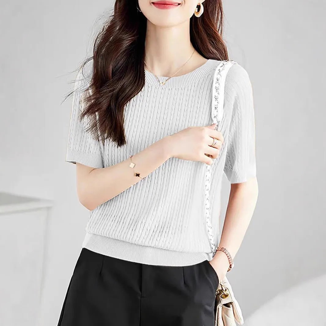 Curved bead ice silk knitted sweater slim top summer thin French crew neck high-end twisted texture t-shirt women's clothing sold by Negative product image thumbnail 5