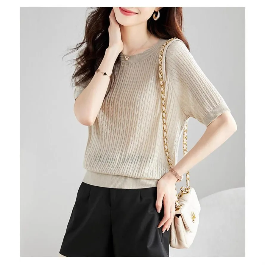 Curved bead ice silk knitted sweater slim top summer thin French crew neck high-end twisted texture t-shirt women's clothing sold by Negative product image thumbnail 2