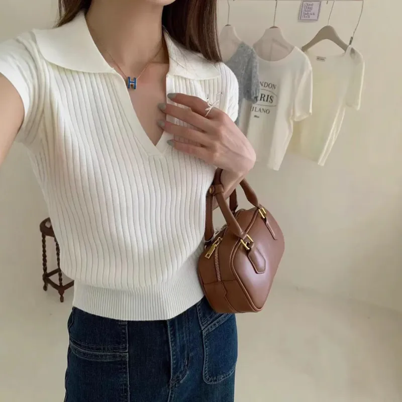 Solid color knitted short-sleeved t-shirt women's autumn fashion foreign style polo collar thin versatile shirt chic popular top made by Negative
