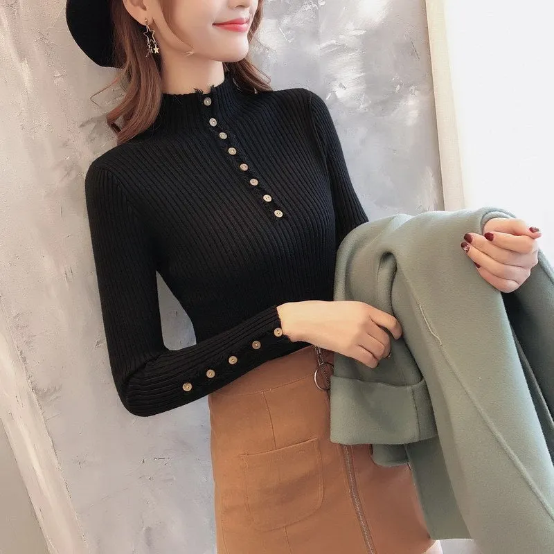 Semi-turtleneck sweater women's long-sleeved inner bottoming shirt autumn 2022 new pullover middle collar slim-fit button-up knitted sweater made by Negative