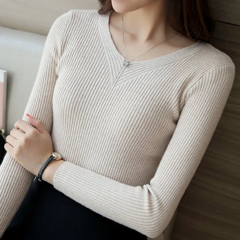 Slim-Fit V-Neck Pullover Sweater for Women – Core-Spun Yarn MY1012 – Elegant Temperament Commuter Style made by Negative