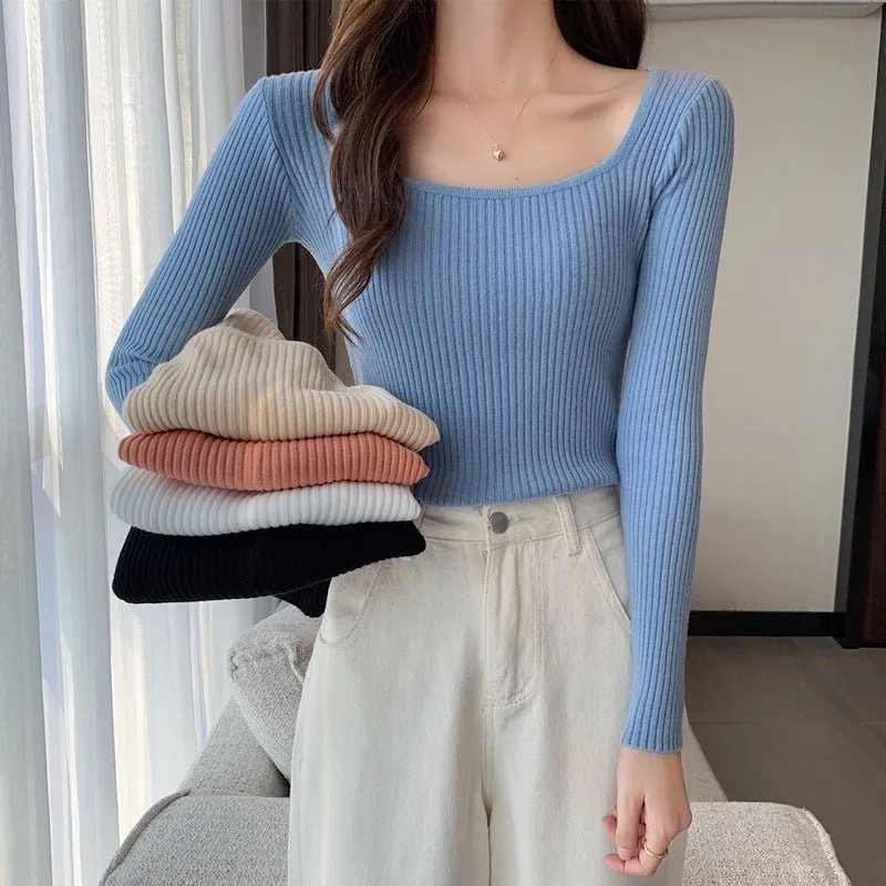 Slim Fit Square Collar Pullover Sweater for Women – Elegant Temperament Commuter Style sold by Negative