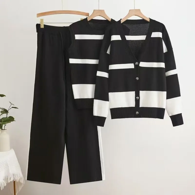 The Striped Harmony | Women's Striped Vest, Button Cardigan & Wide-Leg Pants Three-Piece Set made by Negative