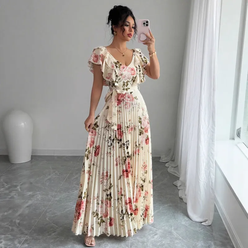 The Apricot Bloom | Women's V-Neck Floral Pleated Maxi Dress made by Negative