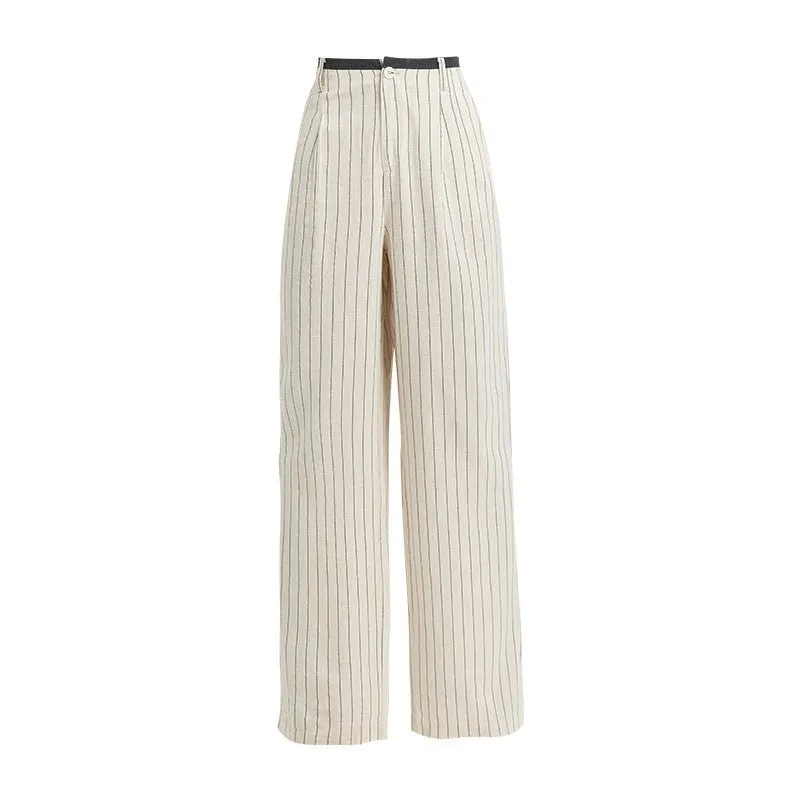 Linen summer thin high waist and thin drape women's small casual versatile striped narrow wide-leg pants sold by Negative product image thumbnail 3