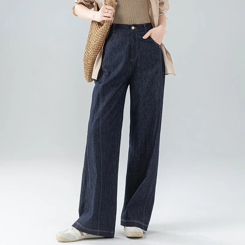 Hips and thin wide-leg jeans women's spring new linen drape pear-shaped figure high-waisted straight pants sold by Negative