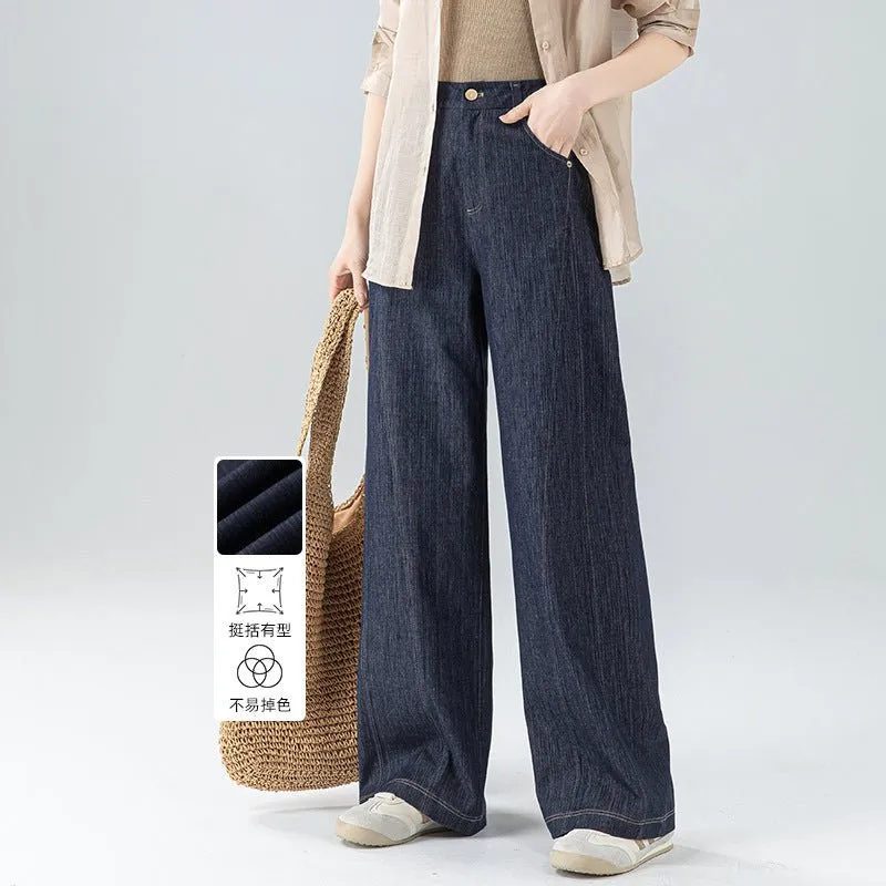 Hips and thin wide-leg jeans women's spring new linen drape pear-shaped figure high-waisted straight pants sold by Negative product image thumbnail 3