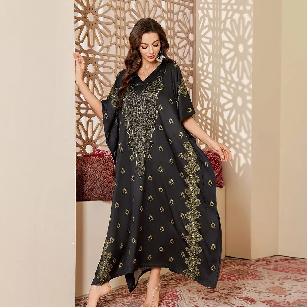 The Starlit Elegance | Women's Plus-Size Ice Silk Printed Long Nightgown & Robe sold by Negative