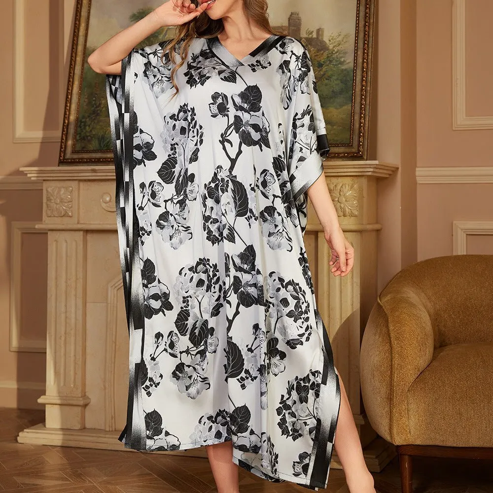 The Starlit Elegance | Women's Plus-Size Ice Silk Printed Long Nightgown & Robe sold by Negative product image thumbnail 4