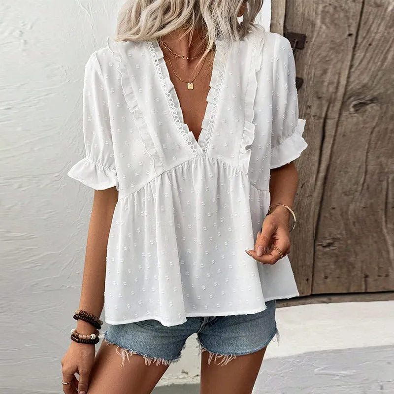 women's shirt 2025 summer vacation style an and n cut flower ball shirt short-sleeved lace made by Negative