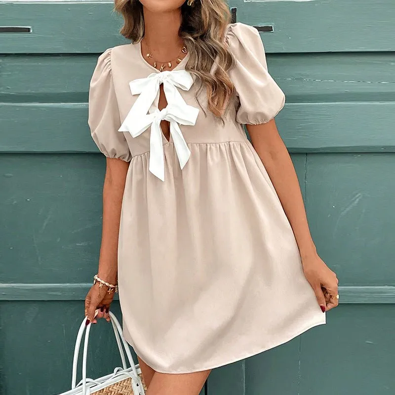 The Apricot Bow | Women's Short Sleeve Bowknot Collar A-Line Midi Dress sold by Negative product image thumbnail 2