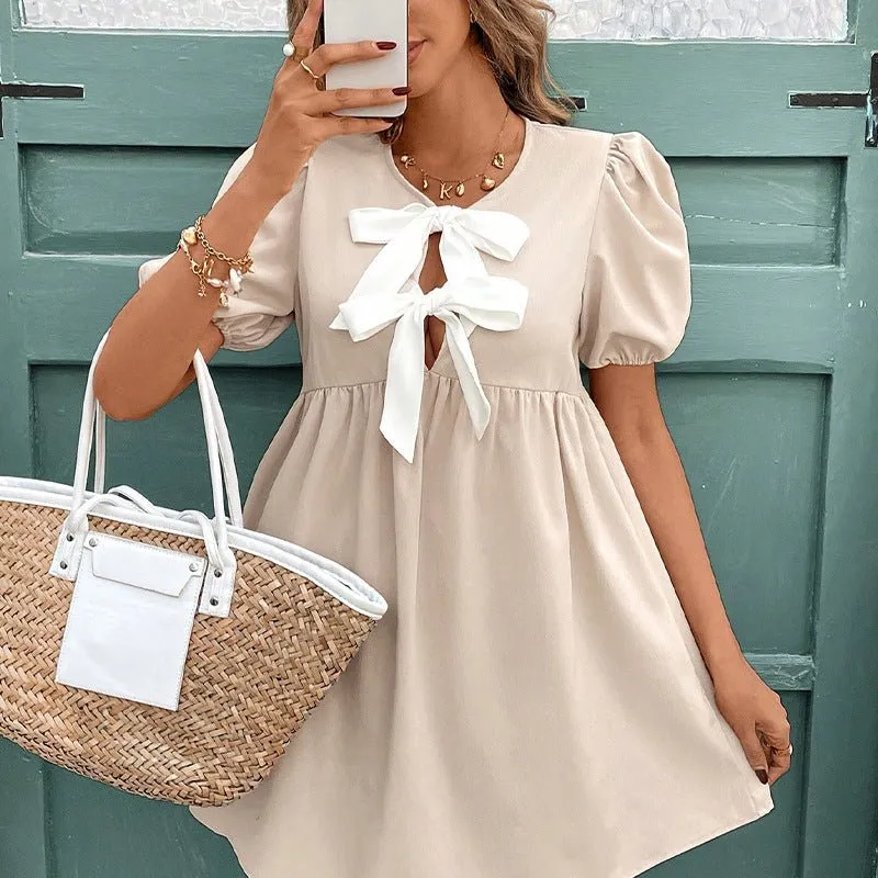 The Apricot Bow | Women's Short Sleeve Bowknot Collar A-Line Midi Dress sold by Negative product image thumbnail 4
