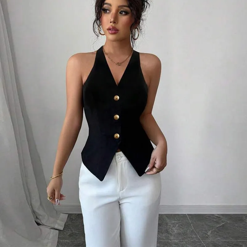 temperament halter neck small vest 2025 summer sexy backless suspender cardigan women's clothing made by Negative