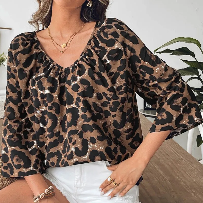 women's clothing 2025 spring and summer fashion and shirt leopard print half-sleeved V-neck shirt pullover top made by Negative