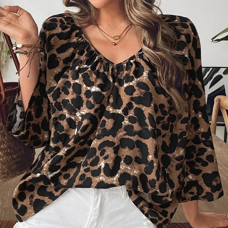 women's clothing 2025 spring and summer fashion and shirt leopard print half-sleeved V-neck shirt pullover top sold by Negative product image thumbnail 3