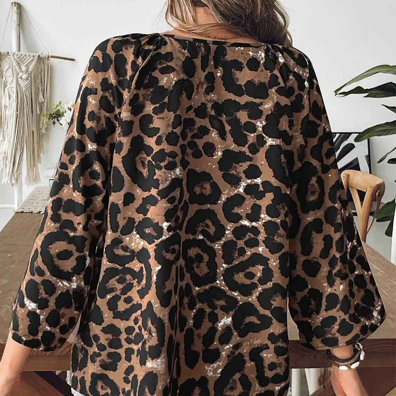 women's clothing 2025 spring and summer fashion and shirt leopard print half-sleeved V-neck shirt pullover top sold by Negative product image thumbnail 4