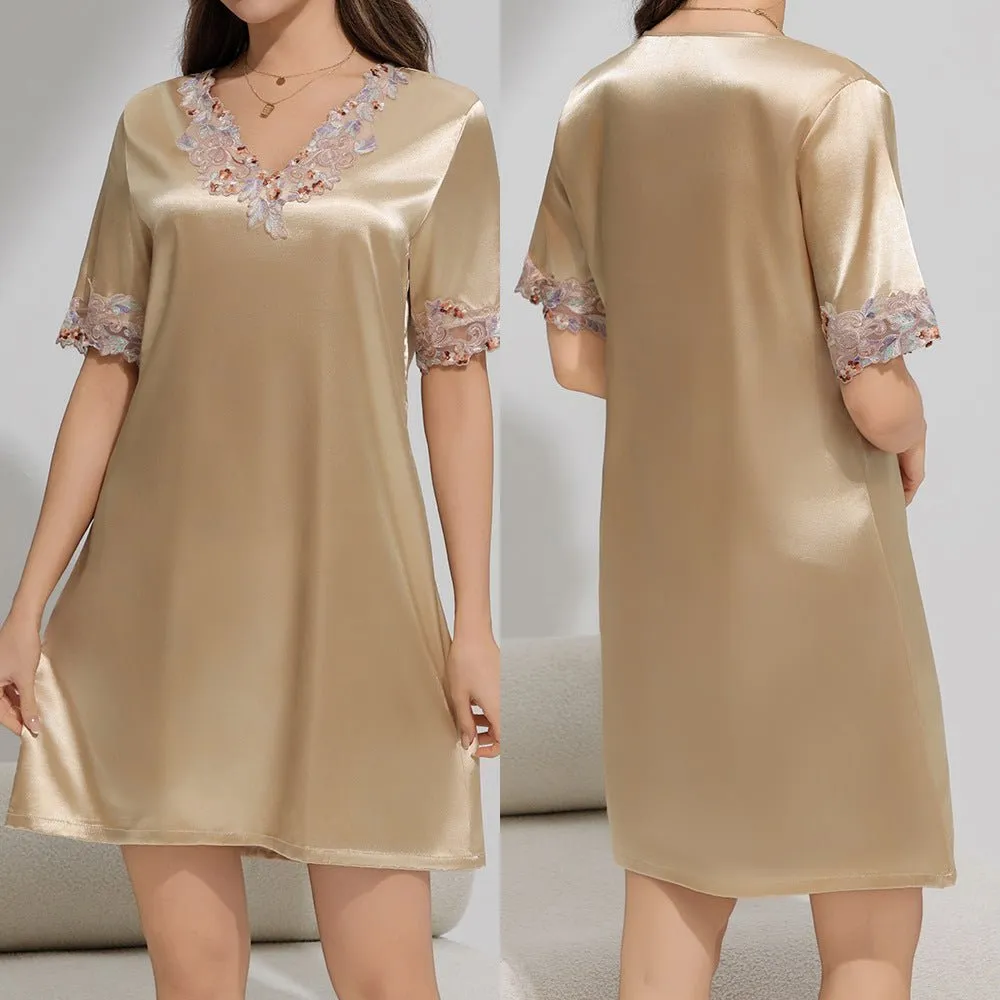 The Whisper Nightdress | Women's Ice Silk Short-Sleeve Lace Pajama Dress sold by Negative product image thumbnail 4