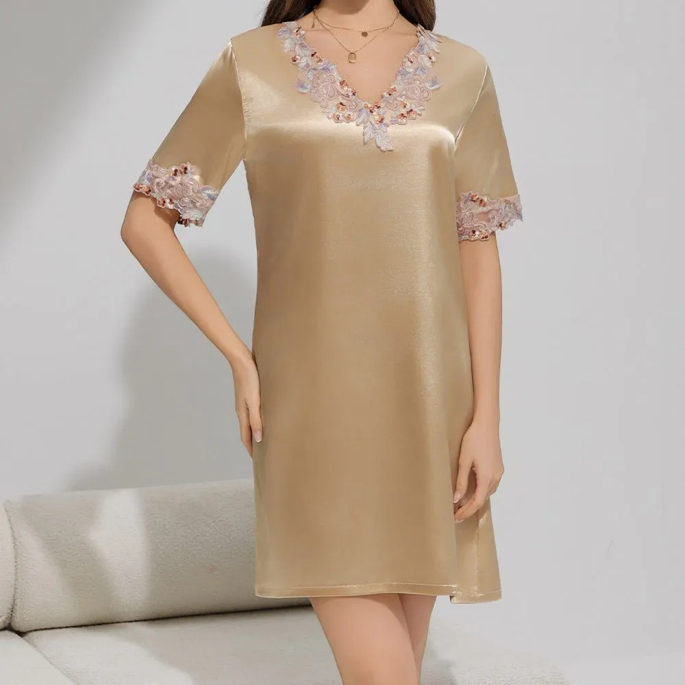 The Whisper Nightdress | Women's Ice Silk Short-Sleeve Lace Pajama Dress sold by Negative product image thumbnail 2