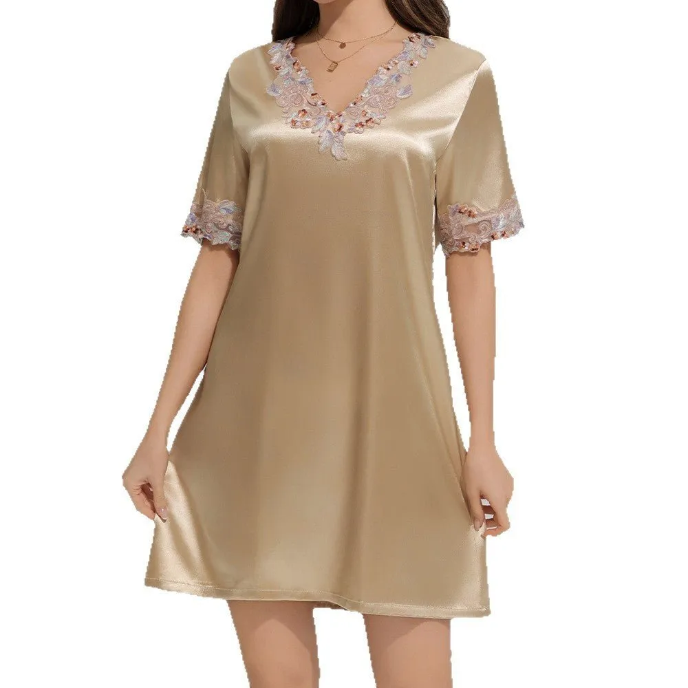 The Whisper Nightdress | Women's Ice Silk Short-Sleeve Lace Pajama Dress sold by Negative product image thumbnail 3