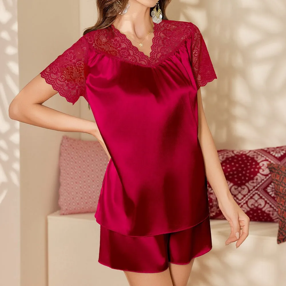The Velvet Temptation | Women's Ice Silk V-Neck Lace Short Pajama Set sold by Negative product image thumbnail 2