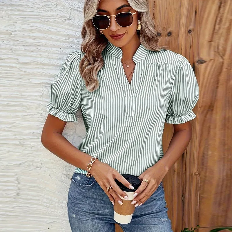 Women’s Striped V-Neck Lantern Sleeve Blouse – Loose-Fit Summer Commuter Top made by Negative