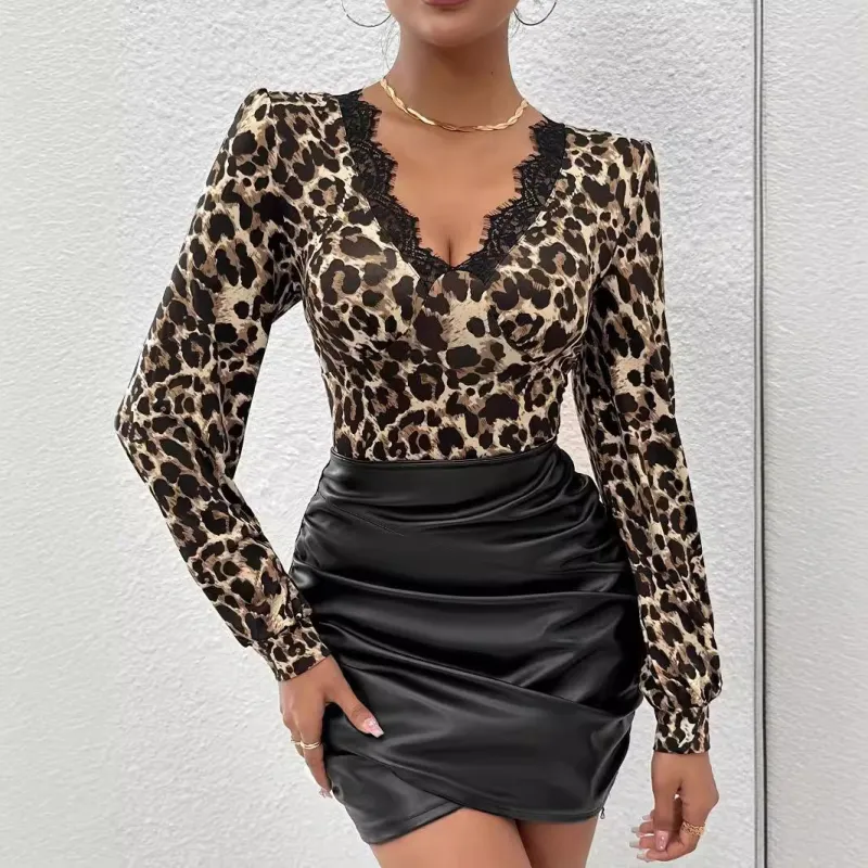 Leopard print lace splicing collar pleated T-shirt top women made by Negative